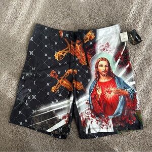 Men’s 38/XL Hurley Holy Surf Phantom Board Shorts with Goth Religious Design